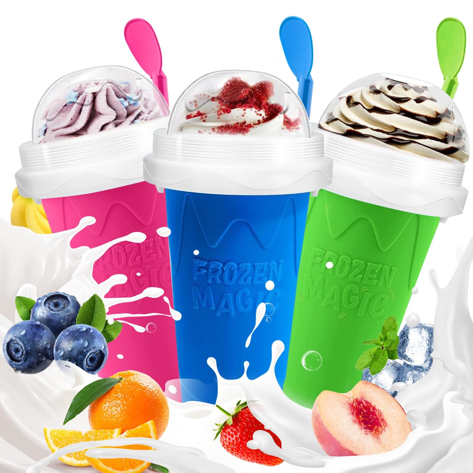 FANS-ONE 3 Pack Slushie Cup, DIY Magic Slushy Maker Cup, Cool Stuff Things for Juice Milk Yogurt Ice Cream, Quick Frozen Slushy Cups with Lids & Straw for Boys Girls Teens Kids (Blue+Pink+Green)