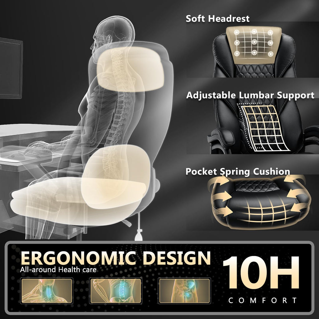 600lbs Big and Tall Office Chair with Pocket Spring Cushion, Ergonomic Heavy Duty Executive Office Desk Chair with Adjustable Lumbar Support,