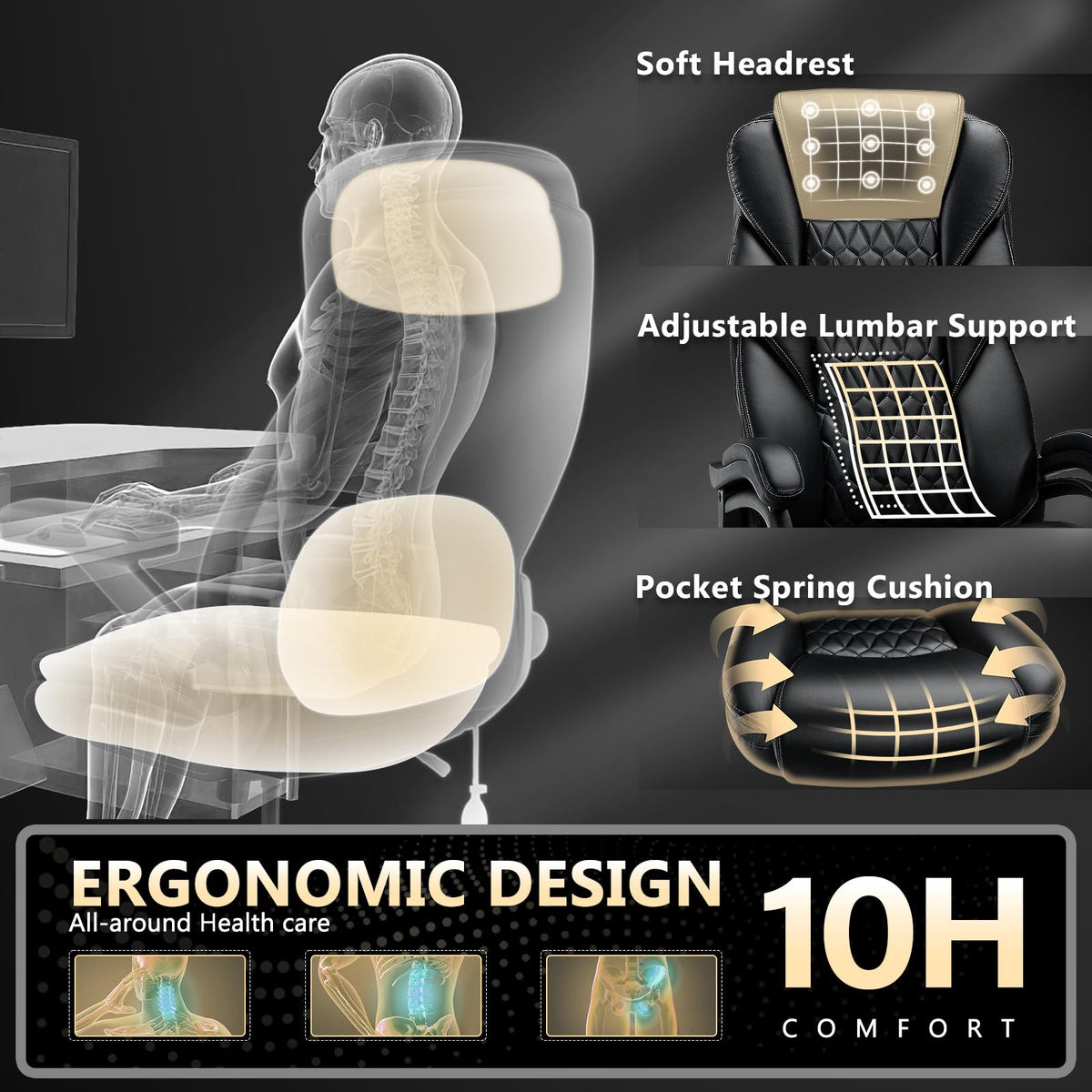 600lbs Big and Tall Office Chair with Pocket Spring Cushion, Ergonomic Heavy Duty Executive Office Desk Chair with Adjustable Lumbar Support,