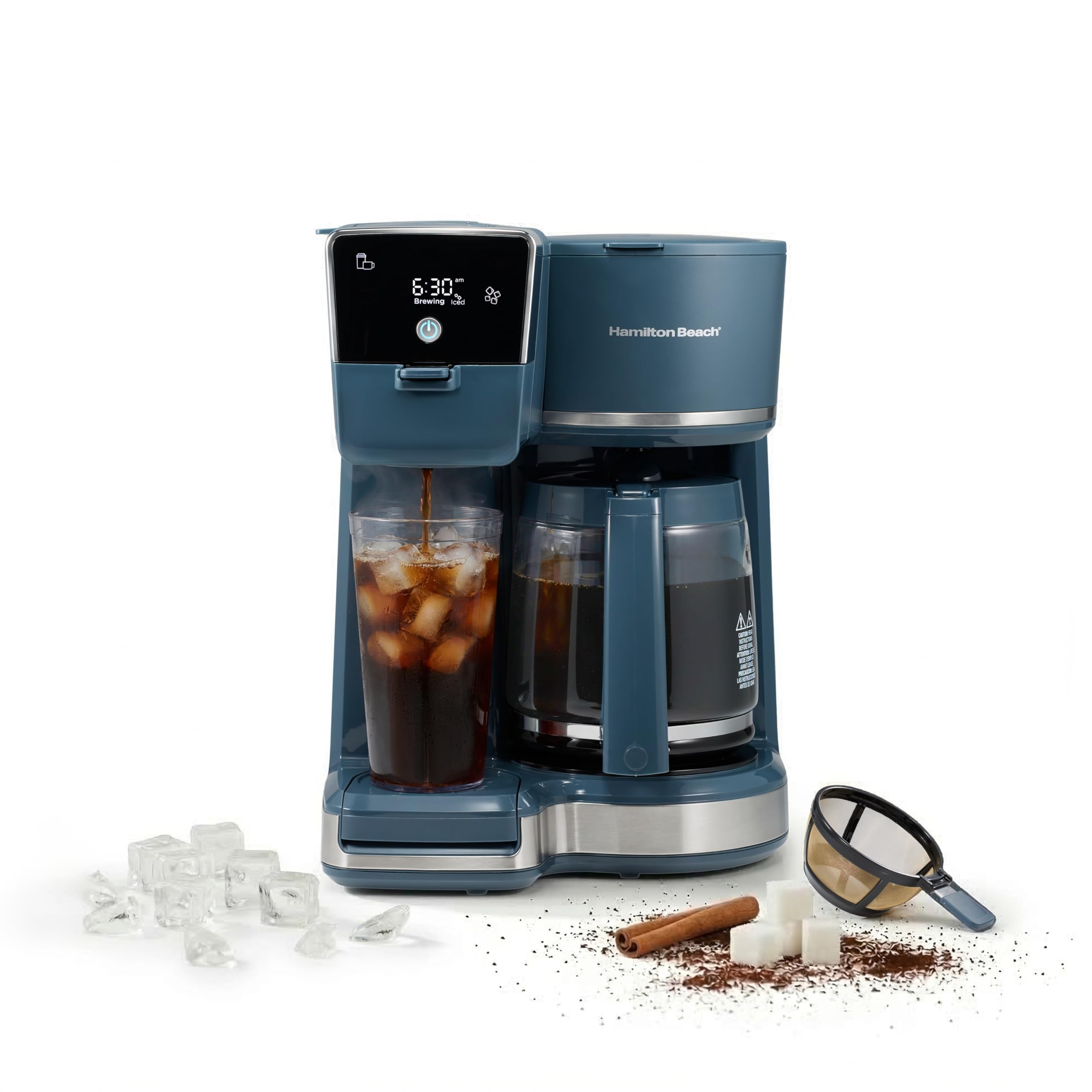Hamilton Beach 2-Way 12 Cup Programmable Drip Hot and Iced Coffee Maker & Single Serve Coffee Machine, AquaFlow Showerhead, Glass Carafe, Auto Pause and Pour, Kitchen Makeover Blue (47502J)
