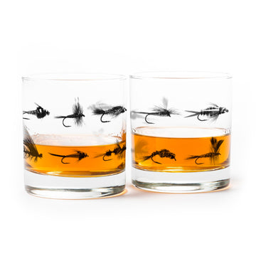 Black Lantern Fly Fishing Whiskey Glasses Set of 2 – 11oz Rock Tumblers with Screen-Printed Fly Patterns – Premium Bourbon & Scotch Barware for Fishermen and Outdoor Enthusiasts