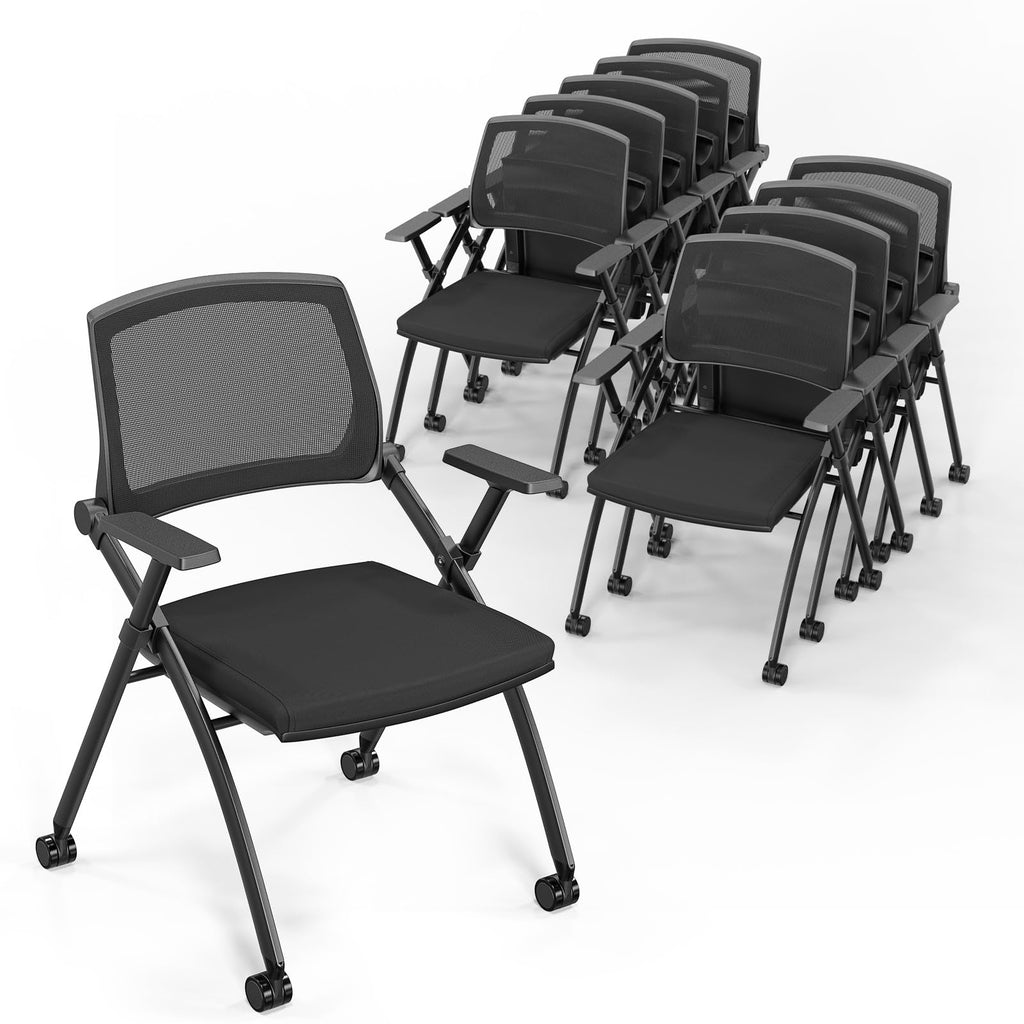 Vingli 10 Pack Stackable Conference Room Chairs with Wheels, Folding Office Chair with Rebound Back, Padded Seat for Training Room, Guest,