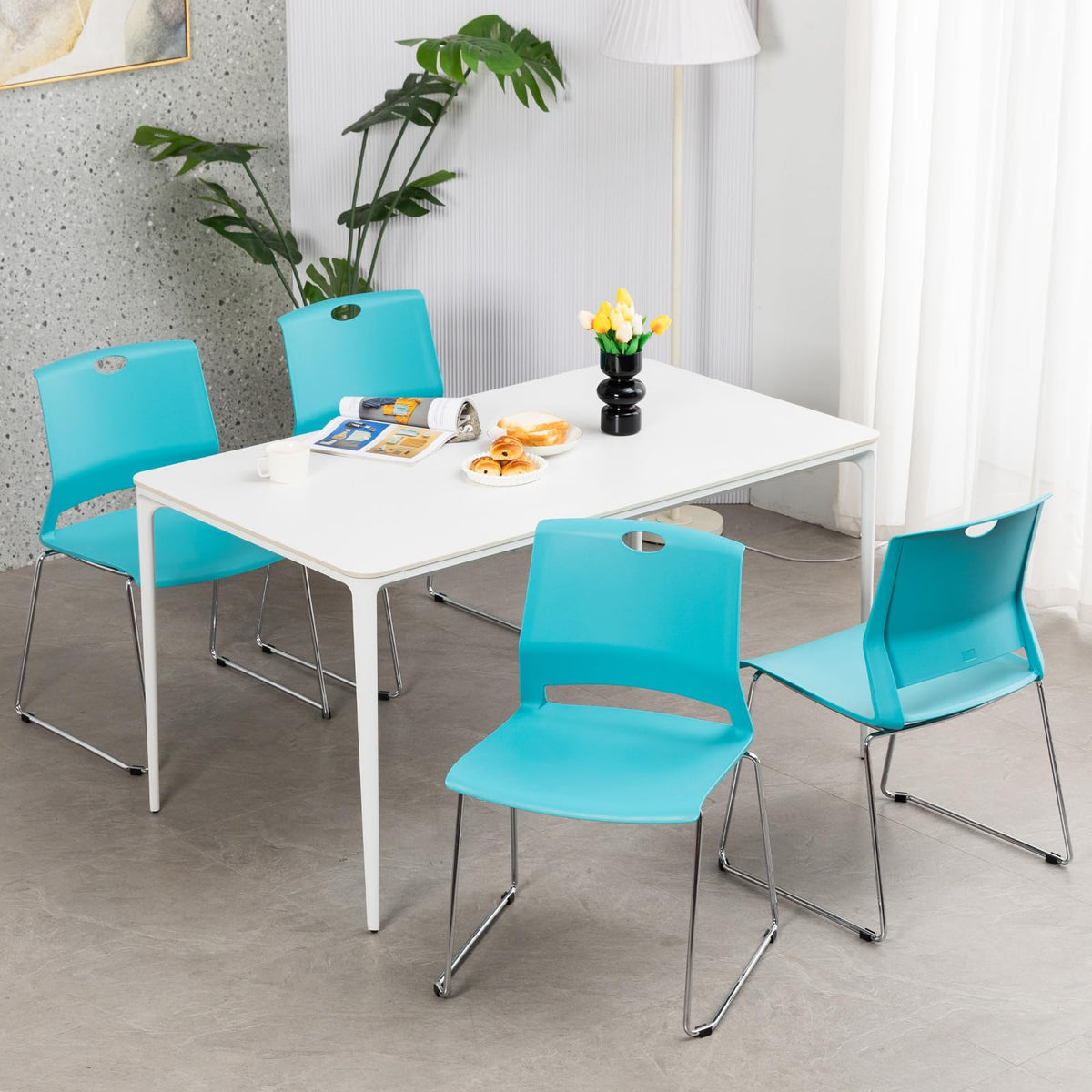 Crazymon Stackable Chairs Set of 4 for Break Waiting Room Conference Church, Blue