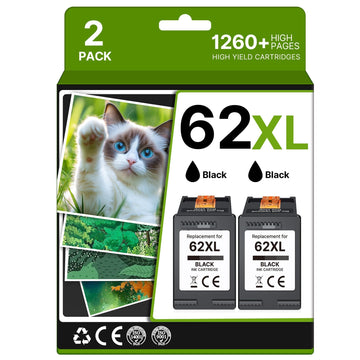 62XL Ink Cartridges Black Replacement for HP Ink 62 HP 62 Ink for HP 62 Black Ink Cartridge for HP62 Work with Envy 5660 7640 7645 5540 5544 5640 7645 OfficeJet 200 250 280 8040 8045 Printer(2 Black)