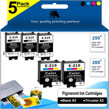 E-T215 E-215 Ink Cartridges Remanufactured Replacement for WF-100 WF-110 EC-C110 Mobile Printer, T215120-S T215530-S Pigment C/M/Y/K BCS (5-Pack: 3 Black, 2 Tri-Color)