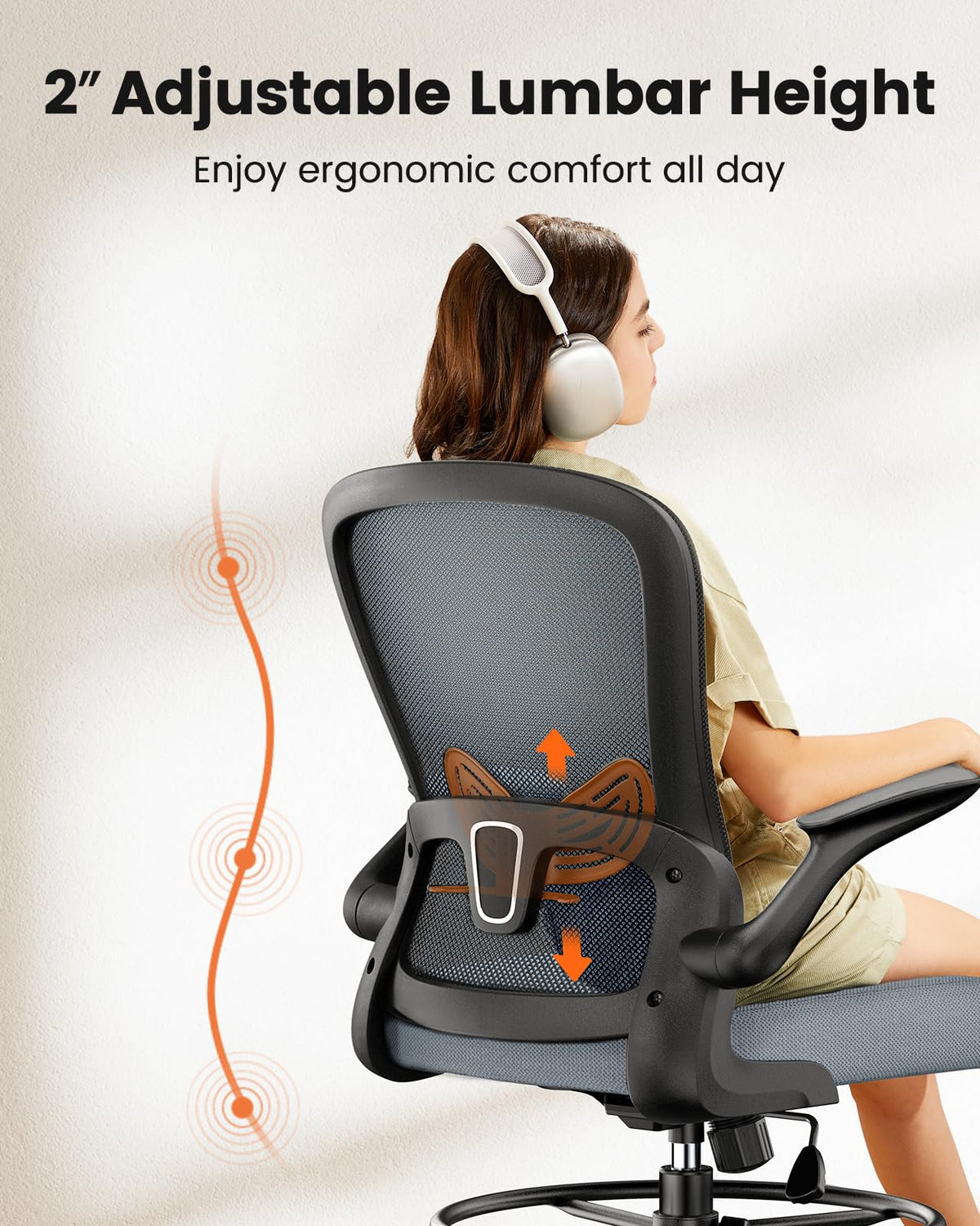 Ergear Drafting Chair,tall Office Chair with Flip-up Armrests, High Desk Chair Adjustable Height and Adjustable Footrest Ring, Ergonomic