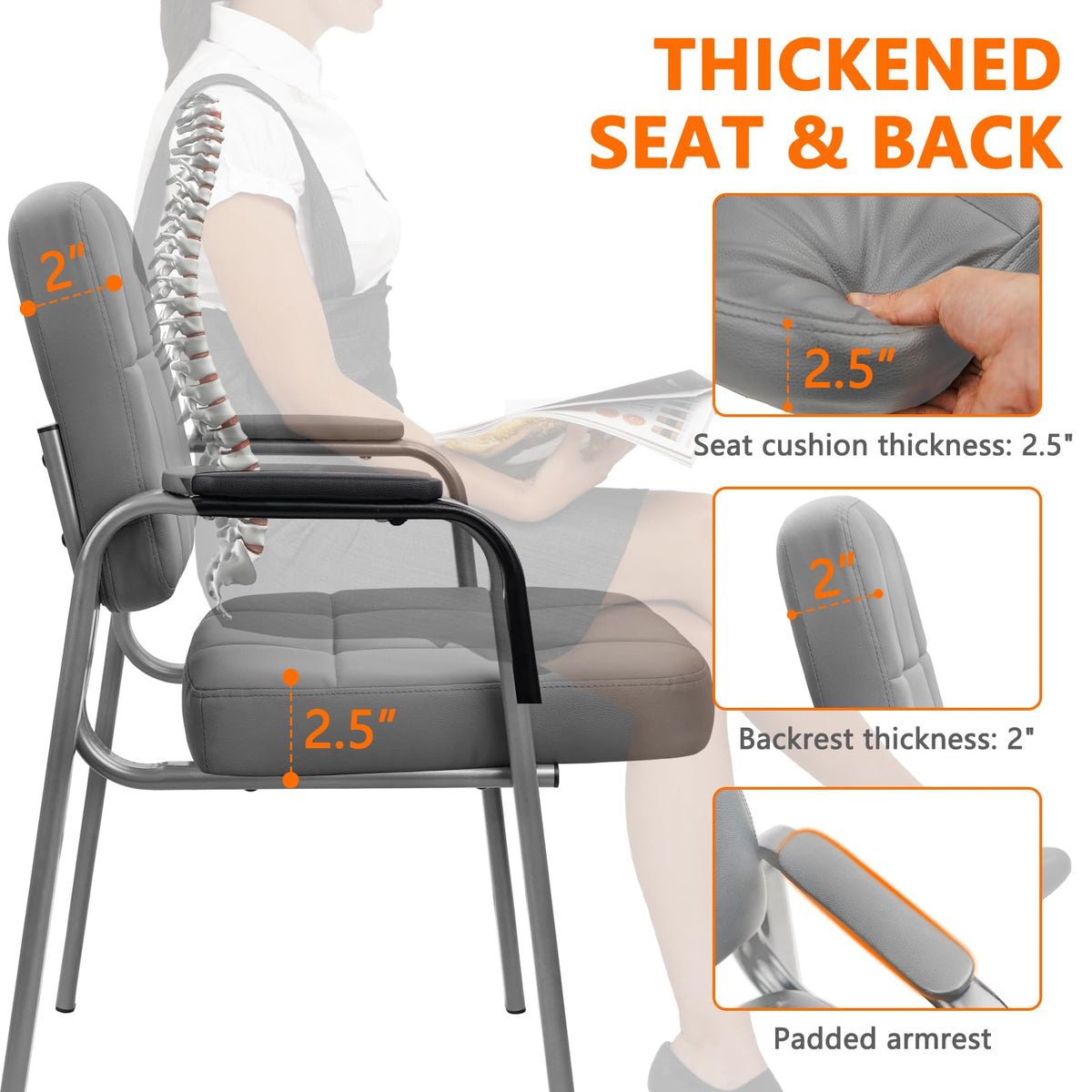 Clatina Big & Tall 500 Lbs Waiting Room Guest Chair, Leather Office Reception Chair No Wheels with Padded Arms for Elderly Home Desk Conference
