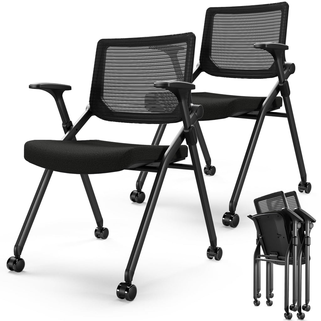 Foldable Office Chair with Pu Wheels and Smooth Armrest-ergonomic Mesh Bouncing Back, Stackable Conference Room Chair, Office Guest & Reception