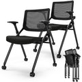 Foldable Office Chair with Pu Wheels and Smooth Armrest-ergonomic Mesh Bouncing Back, Stackable Conference Room Chair, Office Guest & Reception