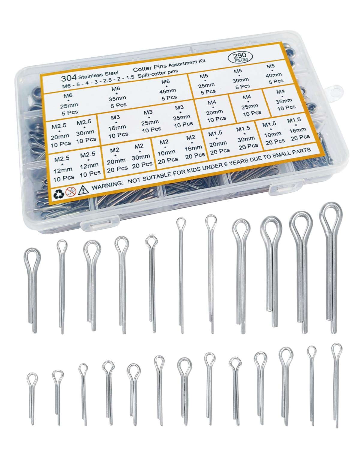 290 Pcs Cotter Pins - 24 Sizes Cotter Pin Assortment Kit Hardware Pins 304 Stainless Small Cotter Pins Set Carter Pins Kit Used for Automotive, Trailer Hitch,Lawn Mower