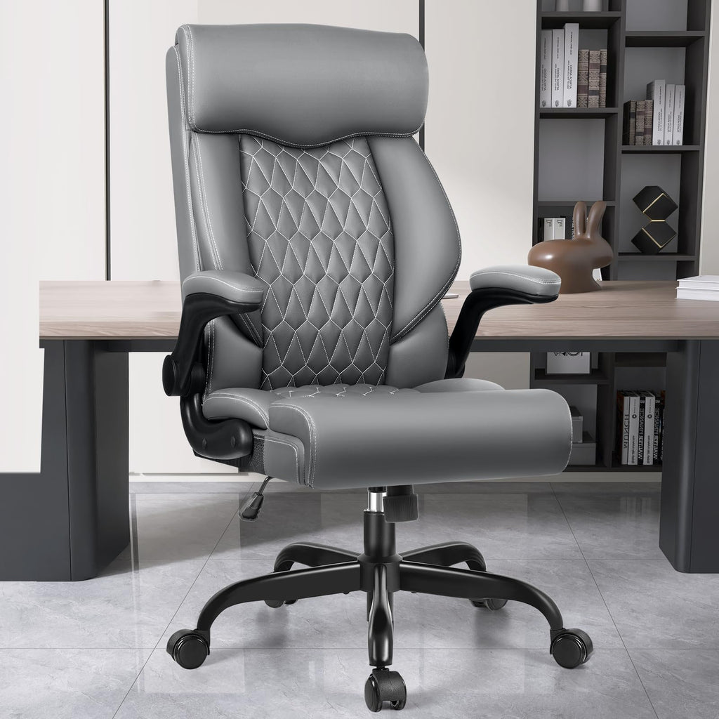 High Back Executive Office Chair - Ergonomic Computer Desk with Rocking Function, Leather Managerial with Adjustable Flip-up Armrests and