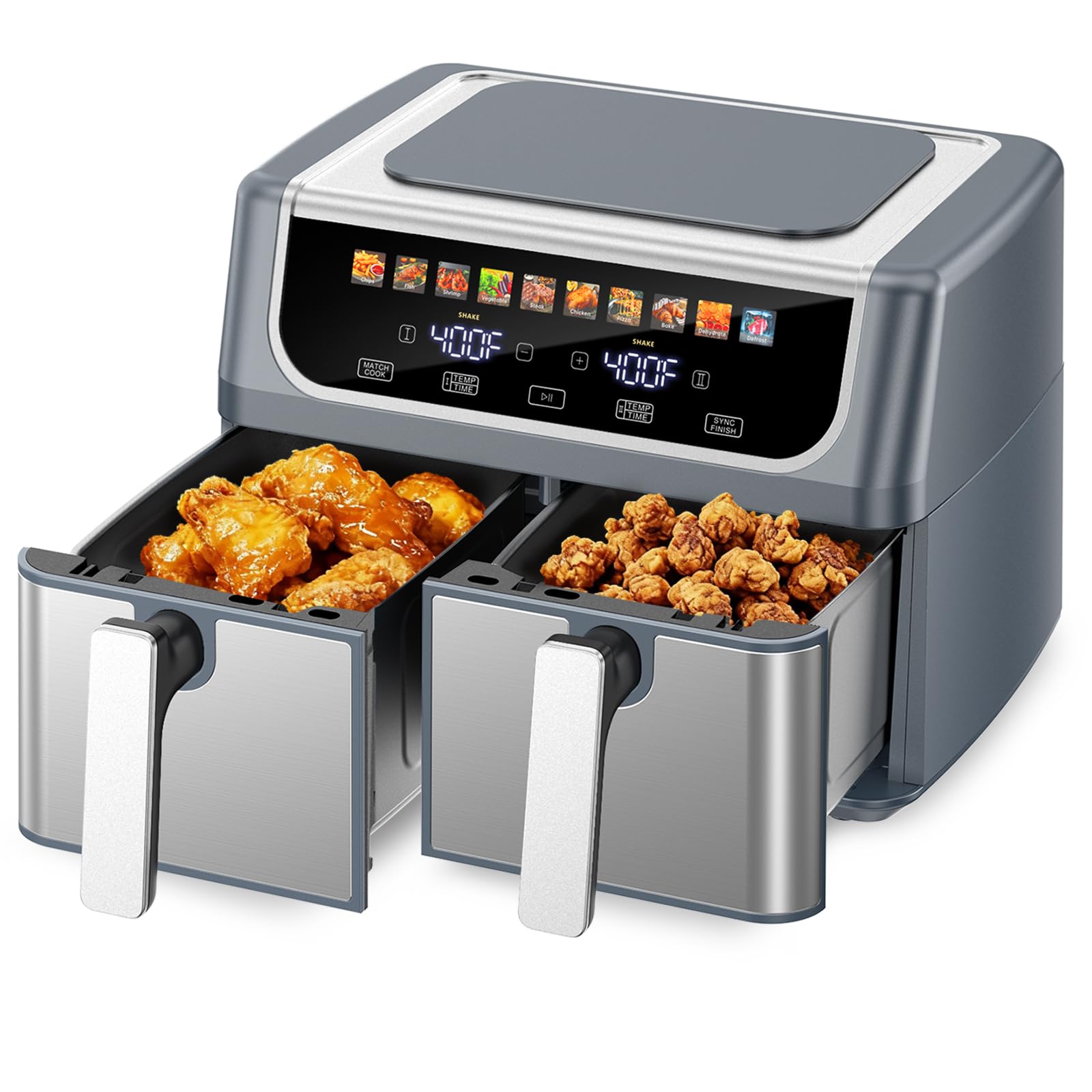 DUMOS 10-in-1 Air Fryer 9.5 QT, Large Airfryer with with 2 Independent Frying Baskets, Sync Finish & Match Cook, Shake Reminder, Wide Temperature 80-450°F, Roast Bake Defrost Dehydrate, Grey