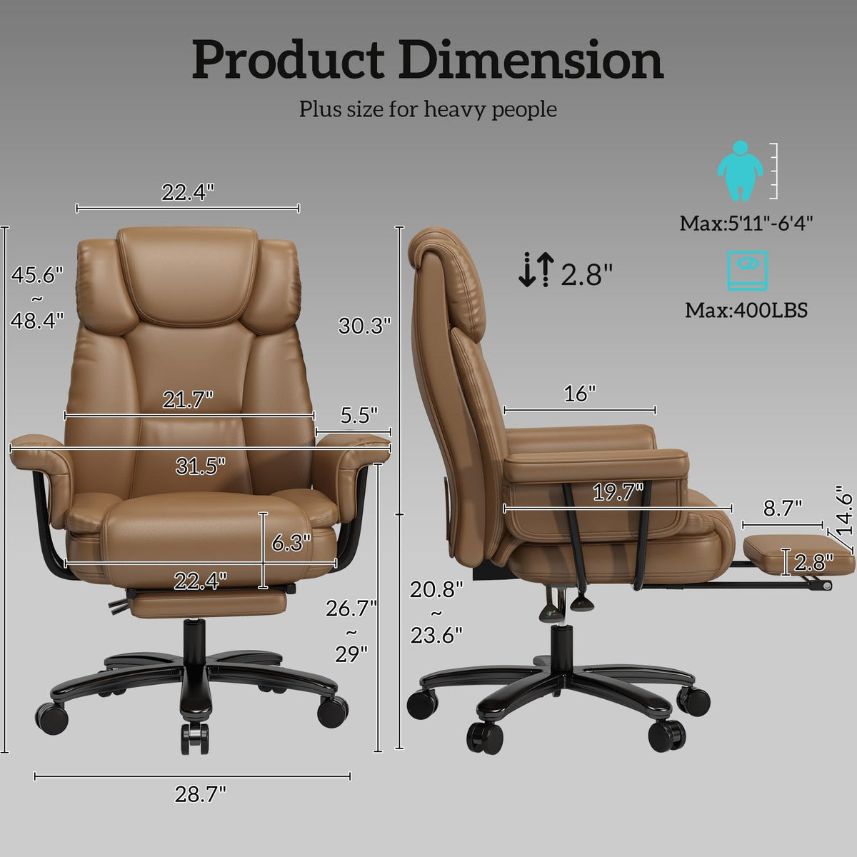 Gyi 160 Reclining Office Chair with Footrest, Big & Tall Desk Chair, Brown, Large