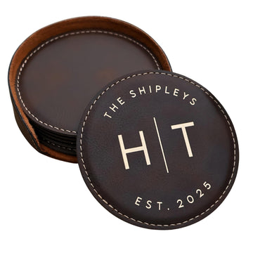 Set of 6 Personalized Leatherette Coasters. Custom Wedding Gifts and Bridal Shower Gifts. Coasters for Drinks. Engraved Round Coaster