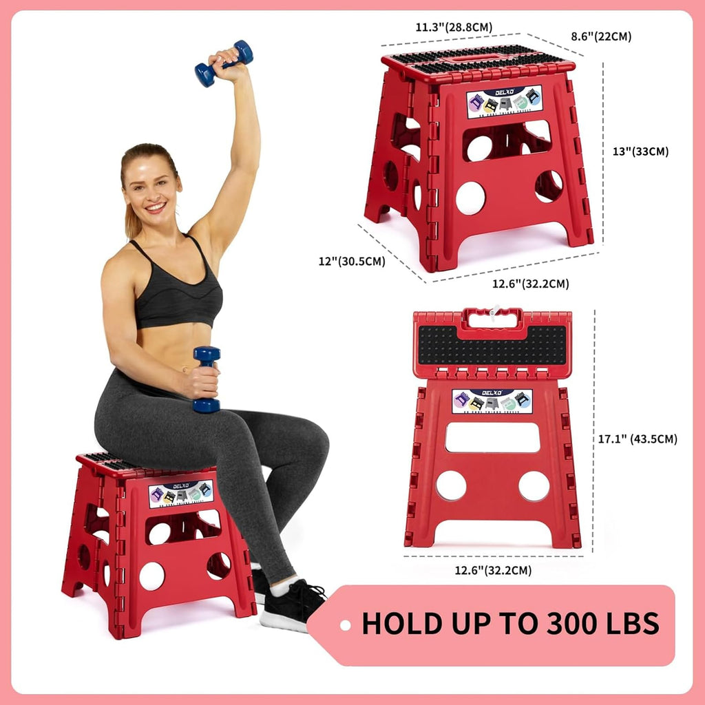 Delxo Folding Step Stool 13 Inch,300 Lbs Step Stool for Adults Red, Dot Red