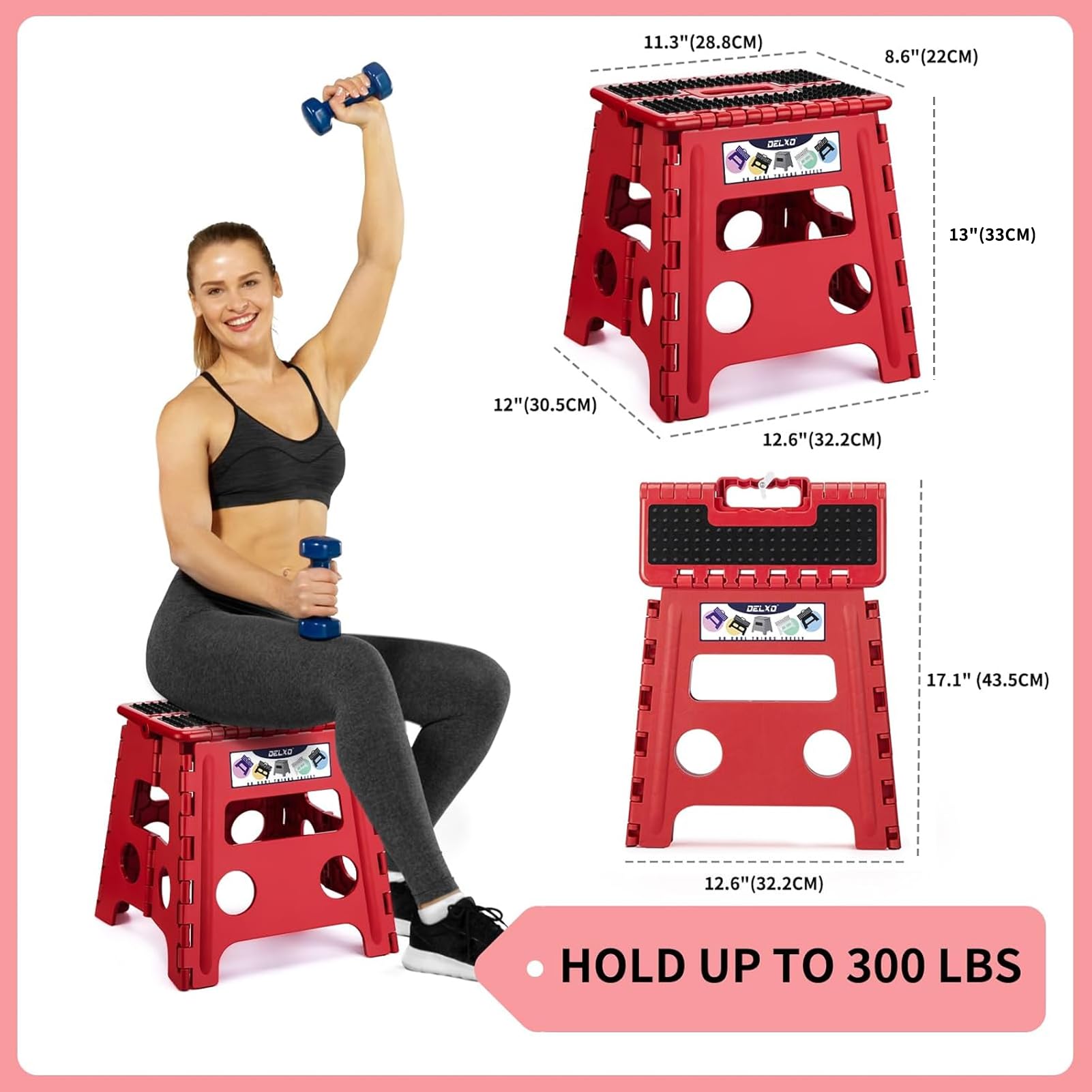 Delxo Folding Step Stool 13 Inch,300 Lbs Step Stool for Adults Red, Dot Red