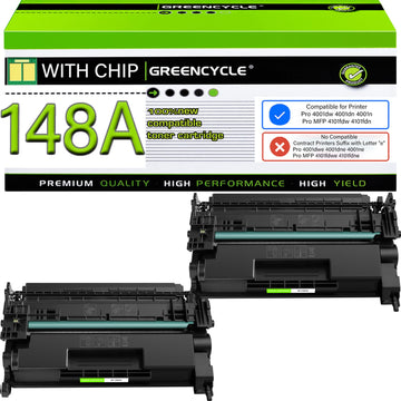 Compatible 148A Black Toner Cartridge for HP Laser Jet 4001n 4101fdw | 2-pack W1480A with chip, black toner. Works with HP Laser Jet Pro 4001dn, 4001dw, MFP 4101fdn. High page yield