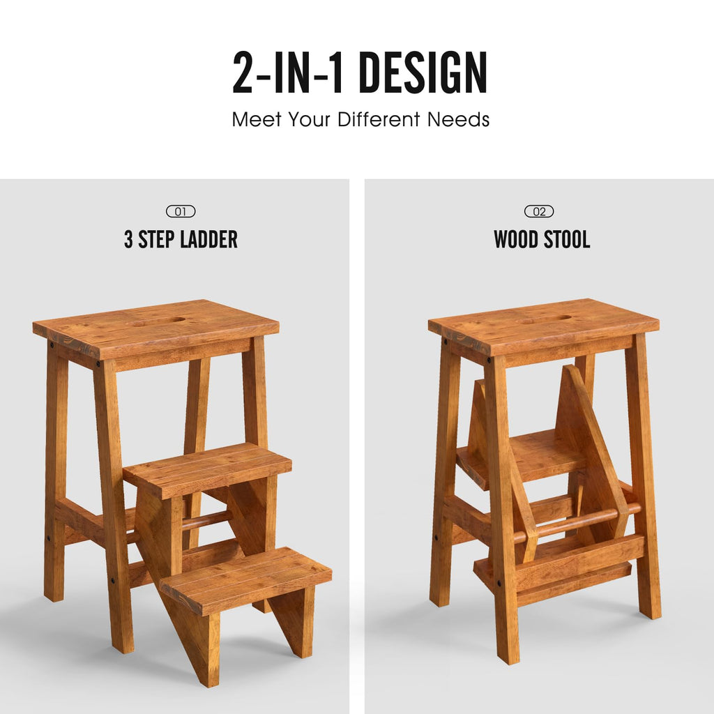 Costzon Folding 3 Step Stool, 3 in 1 Wooden Step Ladder with Handle, Non-slip Pedal, Multifunctional Storage Shelf, Flower Rack for Kitchen,