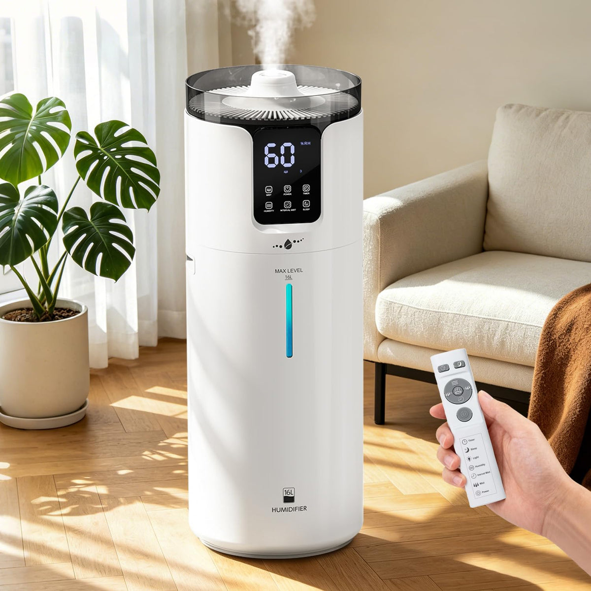 LACIDOLL 16L Cool Mist Tower Humidifier for 1500 sq.ft Large Room | Top fill cool mist, 360° nozzles, night light, quiet, adjustable humidity, perfect for home, greenhouse, office with wheels