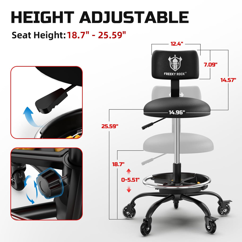 Rolling Shop Stool with Wheels, Garage Mechanic Stool Chair with Backrest, Height Adjustable Heavy Duty Swivel Task Chair, Adjustable Footrest