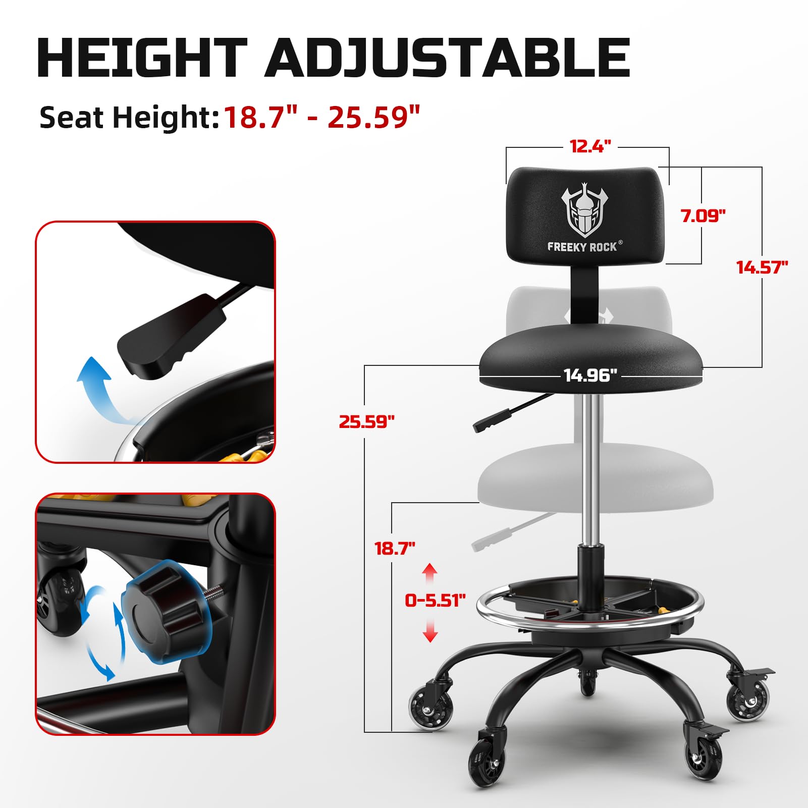 Rolling Shop Stool with Wheels, Garage Mechanic Stool Chair with Backrest, Height Adjustable Heavy Duty Swivel Task Chair, Adjustable Footrest