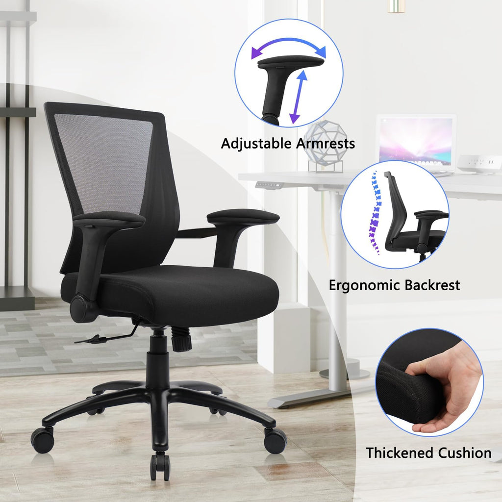 Clatina Big and Tall Office Chair Heavy Duty Ergonomic Desk Chair 500lbs with Flip-up Arms & Wide Thick Seat Cushion Home Executive Swivel Mesh