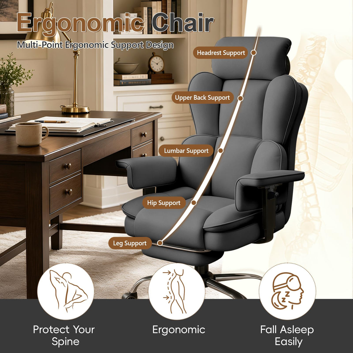 Xuegw Big and Tall Office Chair, Heavy Duty Executive Office Desk Chair Adjustable Armrests and Footrest, Pu Leather Computer Chair for Work