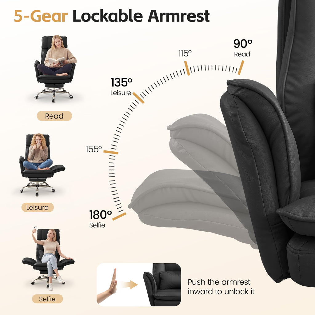 Big and Tall Office Chair, Footrest & Flip Armrest for Pets, Pu Black, PU Leather