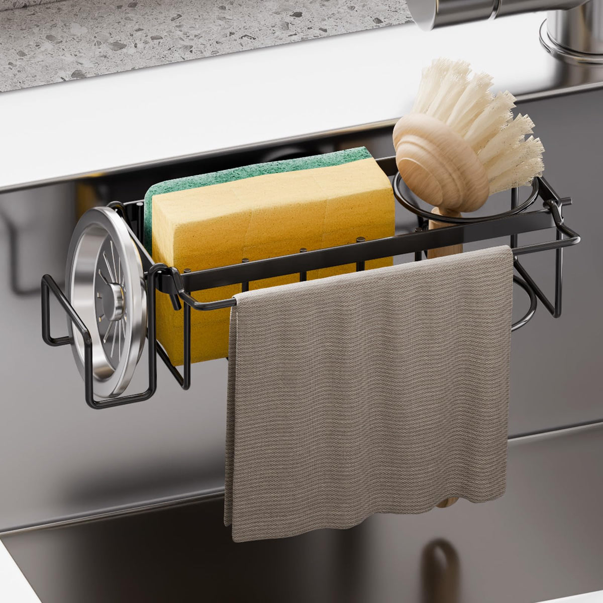 TAILI Sponge Holder with Strong Suction Cup, 4-in-1 Rustproof Sink Organizer - Sink Caddy Holds Sponges, Brushes, Stoppers & Scrapers -Black