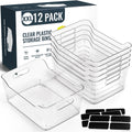 12 PACK Multi-Use Clear Plastic Storage Bins for Organizing w/ Labels - Home, Kitchen, Pantry, Bathroom, Office, Cabinet Shelf Organizer Bins - SOHO Collection, RV, Fridge Organization Containers -XXL