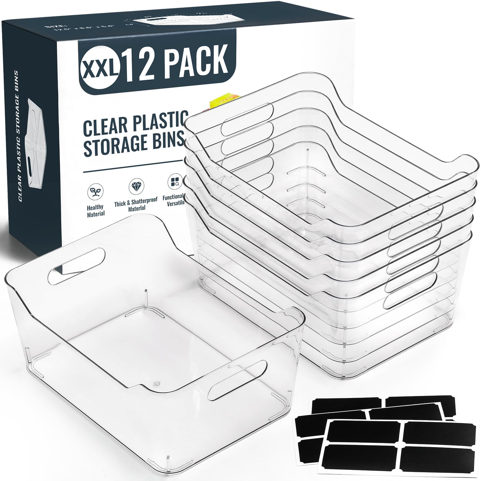 12 PACK Multi-Use Clear Plastic Storage Bins for Organizing w/ Labels - Home, Kitchen, Pantry, Bathroom, Office, Cabinet Shelf Organizer Bins - SOHO Collection, RV, Fridge Organization Containers -XXL