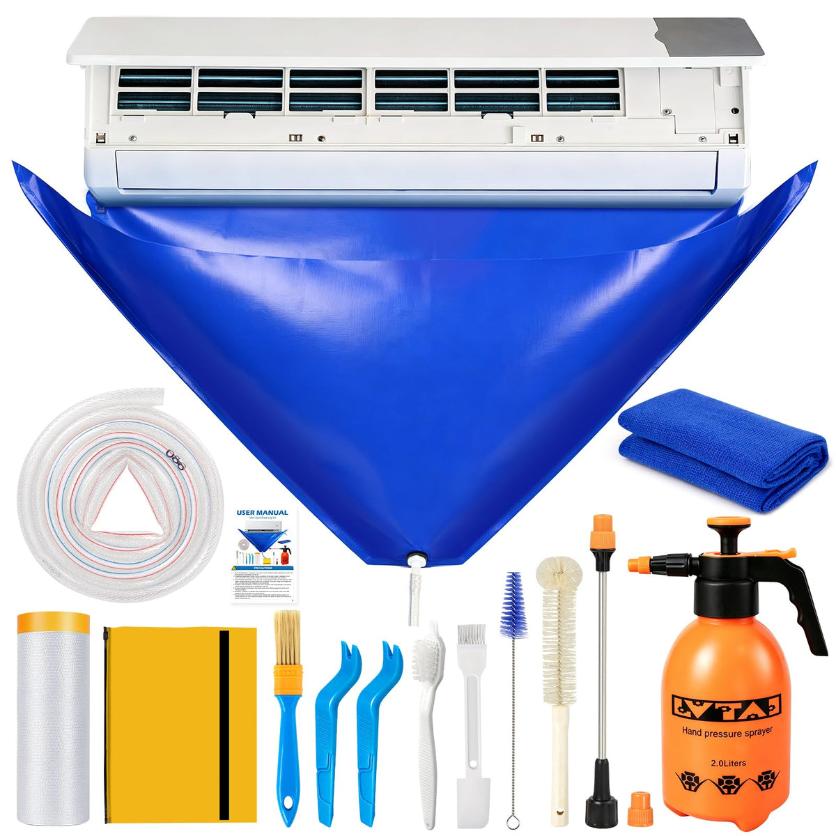 Mini Split Cleaning Kit Bag with 2L High Pressure Sprayer, 13Pcs Professional Air Conditioner Cleaning Kit with Waterproof PVC AC Cleaning Cover Bib, HVAC Cleaning Tools (Large)