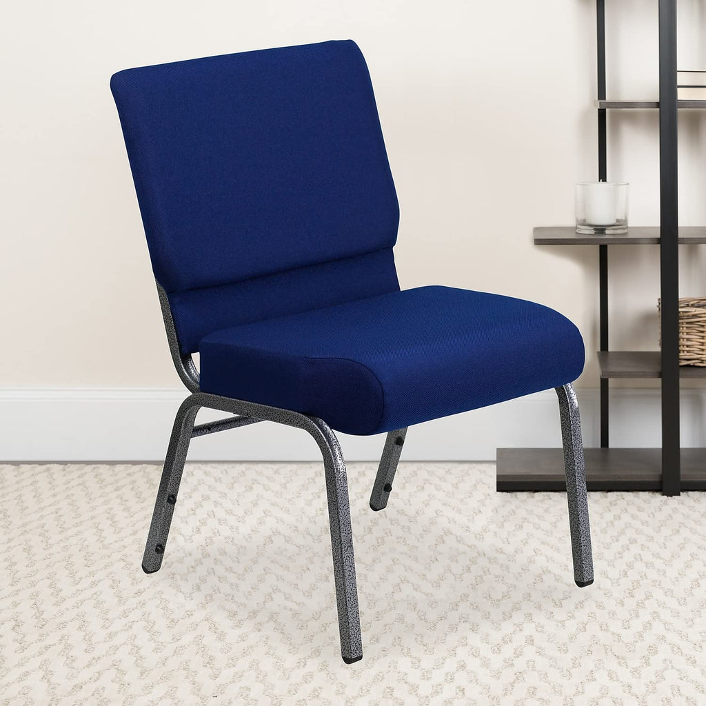 Flash Furniture 4 Pack Hercules Series 21''w Stacking Church Chair in Navy Blue Fabric - Silver Vein Frame, Set of 4, Navy Blue Fabric/silver