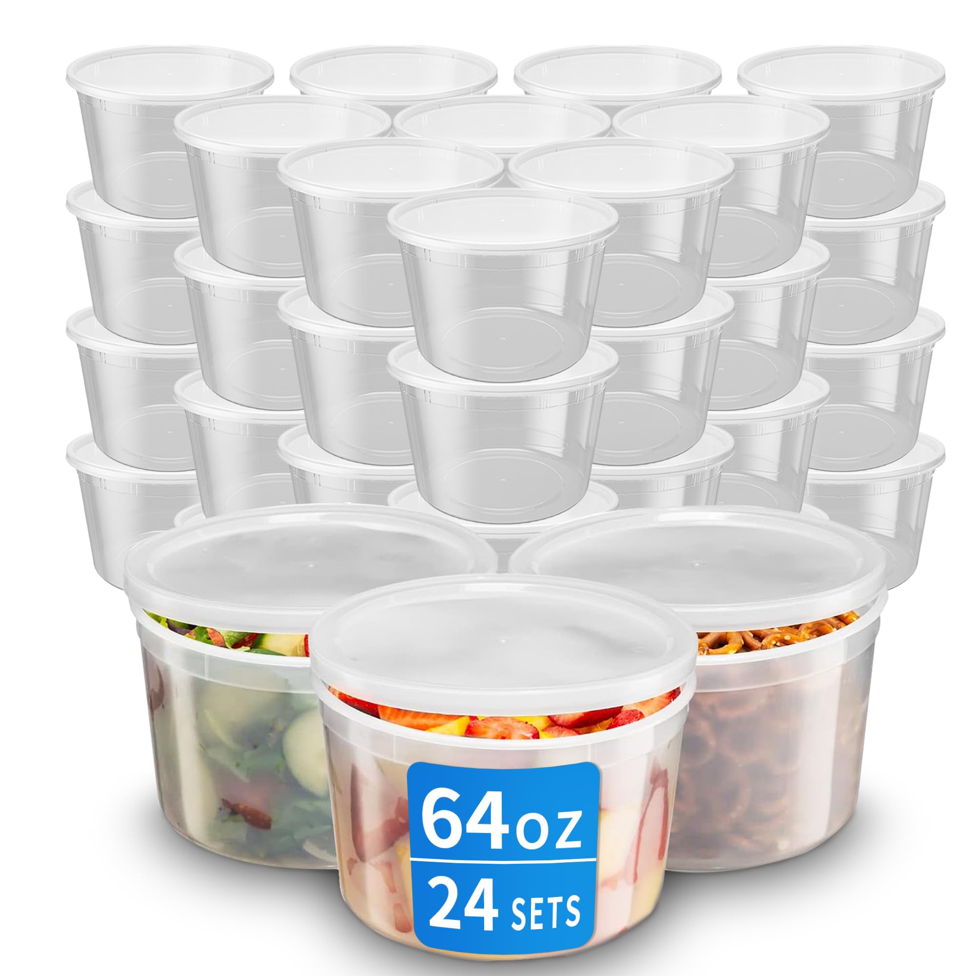 Plastic Deli Containers with Lids, 24 Sets 64oz Leakproof Soup Storage Containers for Family Soup & Leftovers, Round Meal Prep Cups, BPA Free, Microwave/Freezer/Dishwasher Safe
