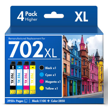 Remanufactured Replacement for 702XL WF-3720 Ink Cartridges Combo Pack | Compatible for 702XL for Epson Printer WF-3720 WF 3720 WF-3730 WF-3733 WF3720 (Black Cyan Yellow Magenta)