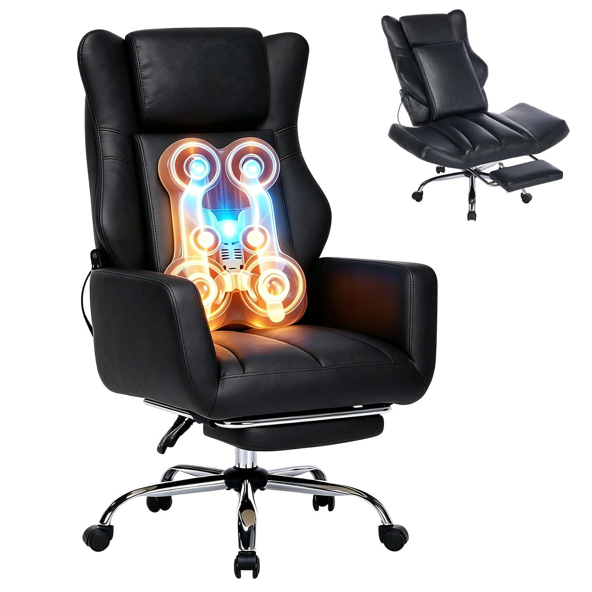 Dyhome Black Leather Office Chair with 3d Kneading Massage for Home/office, 2'1" x 2'7" x 1'4"