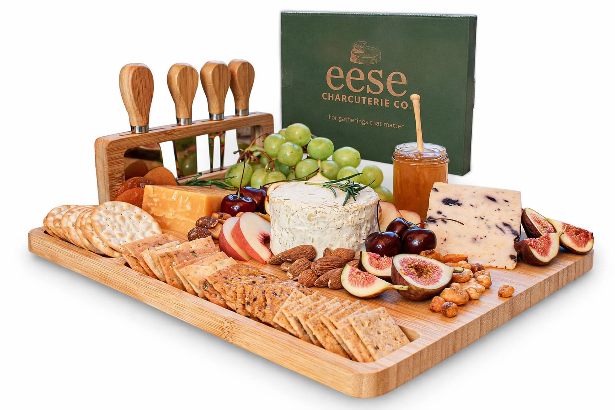 Eese Charcuterie Board Set- Bamboo Charcuterie Boards 14x11 Inch Serving Tray with Cheese Knife Set, Deep Groove Cheese Board & Utensil Holder, Cheese Tray Gift for Entertaining, Wine Nights & Parties