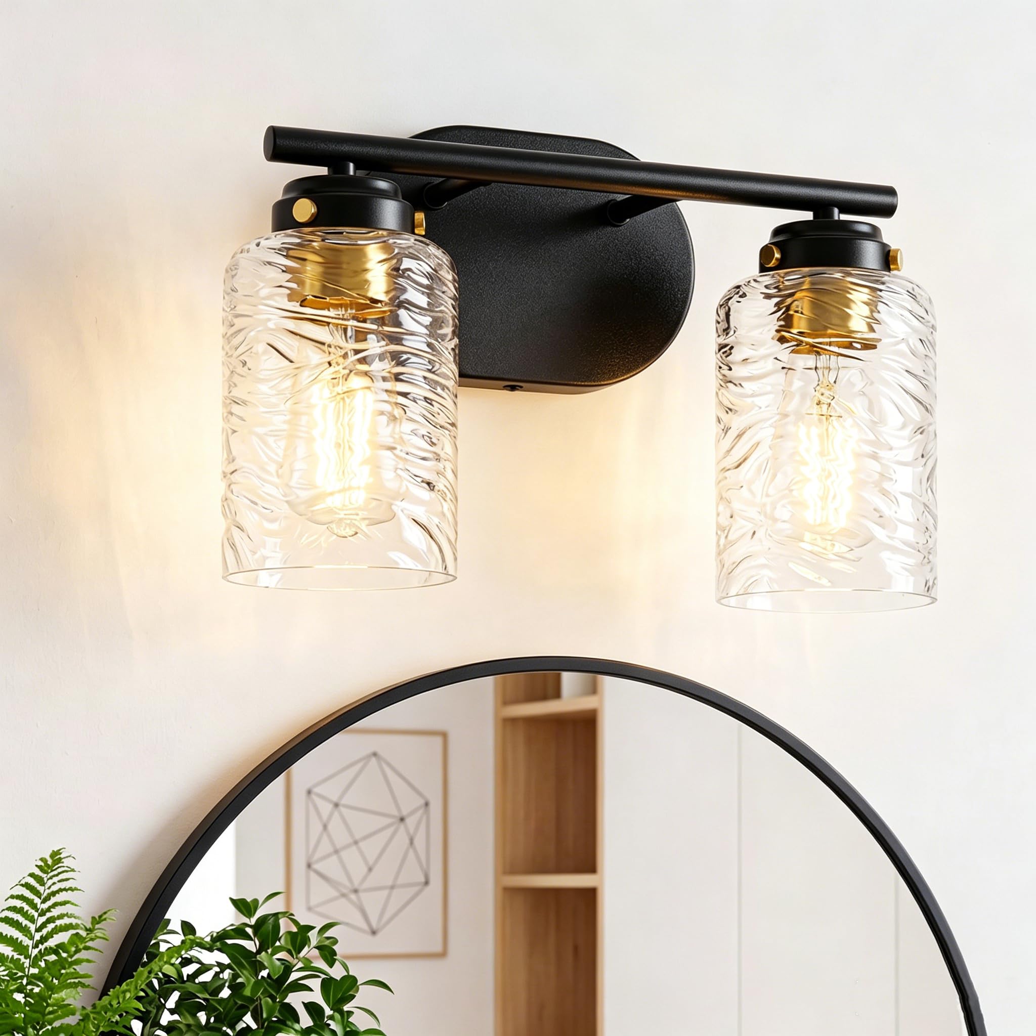 2-Light Bathroom Light Fixtures 13 Inch Black Vanity Lights for Bathroom Lighting Fixtures Over Mirror with Thick Water Ripple Clear Glass Shade for Mirror Bedroom Hallway