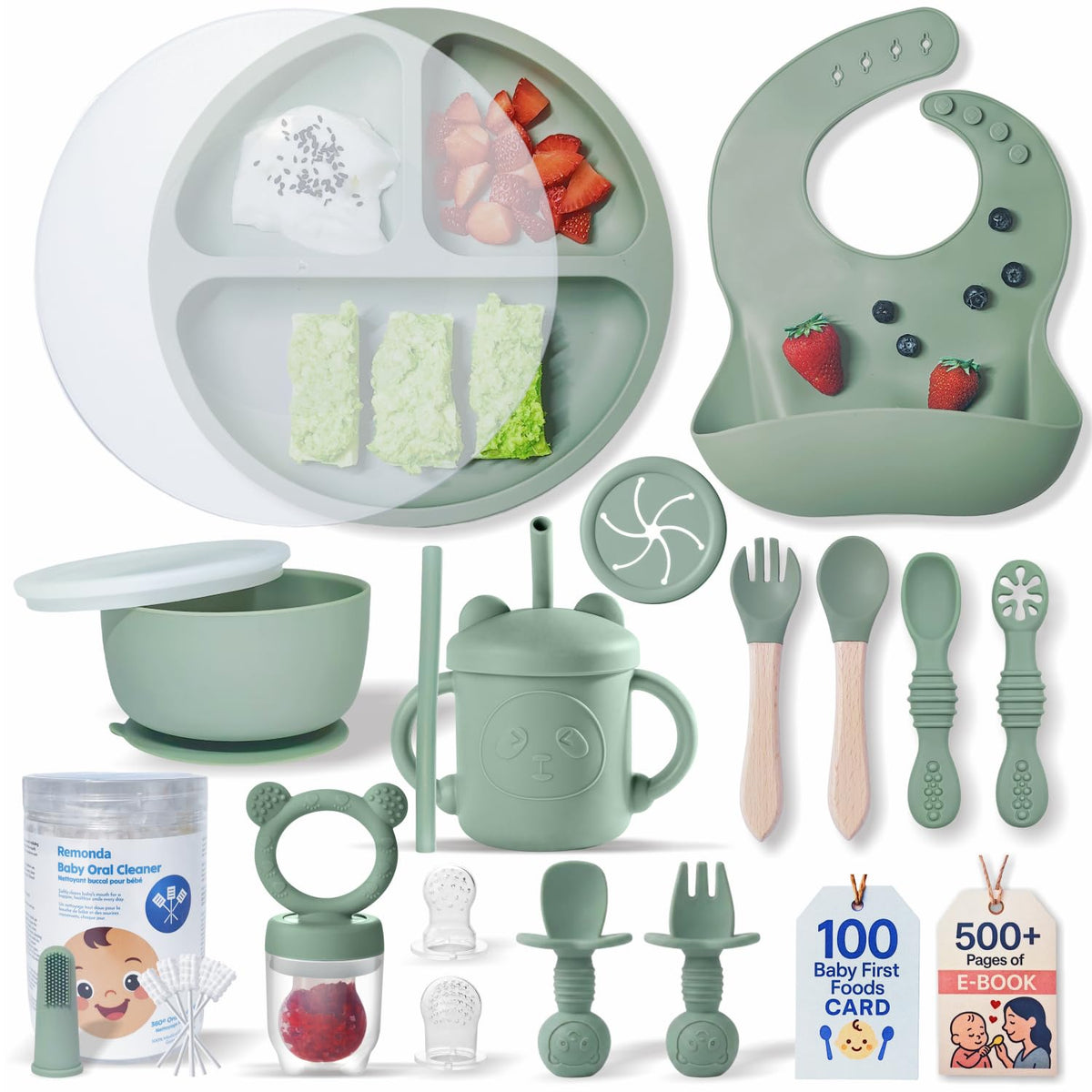 Remonda 23-Piece BPA-Free Silicone Baby Feeding Set | Extra Large Suction Plates, Toddler Bowls, Self Feeding Spoons, and More | Dishwasher Safe| Baby Led Weaning Supplies (Green?01