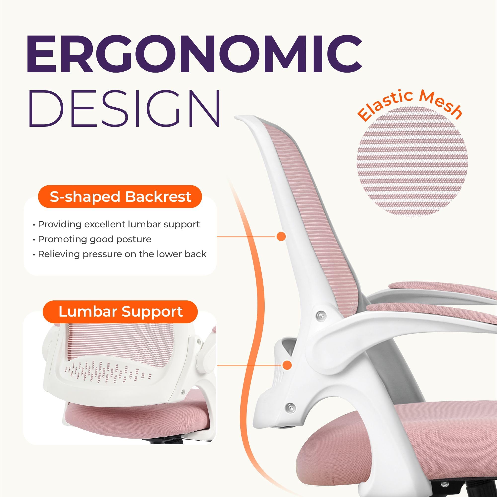 Neo Chair Office Desk Chair, Ergonomic Mesh with Flip-up Armrests, Pink, 4 ft 2 in (H) x 1 ft 9.5 in (W) x 1 ft 8 in (D)