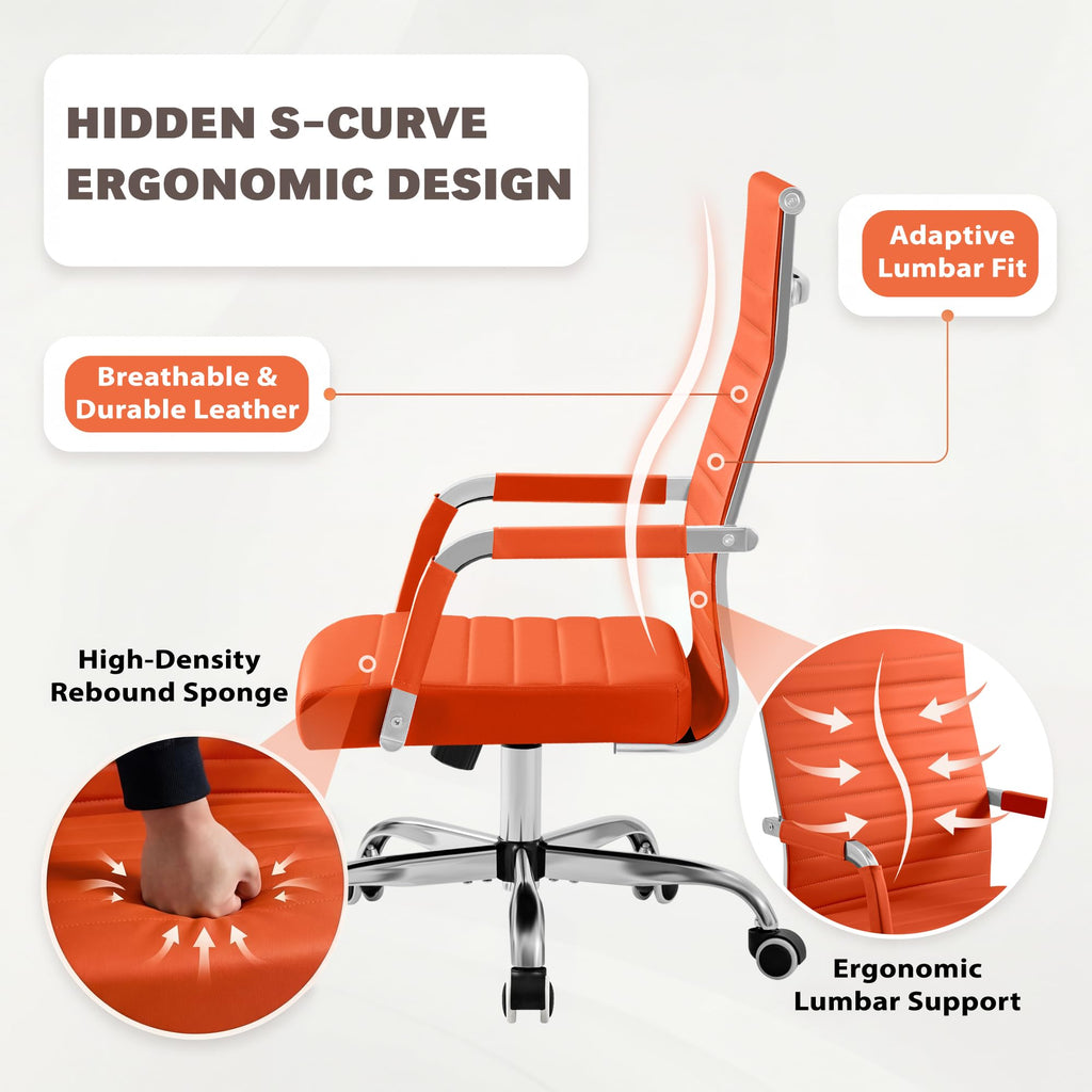 Furmax Ergonomic Office Desk Chair, Executive Ribbed Mid-back Pu Leather Conference Room Chair Adjustable Swivel Chair with Arms (4, Orange)
