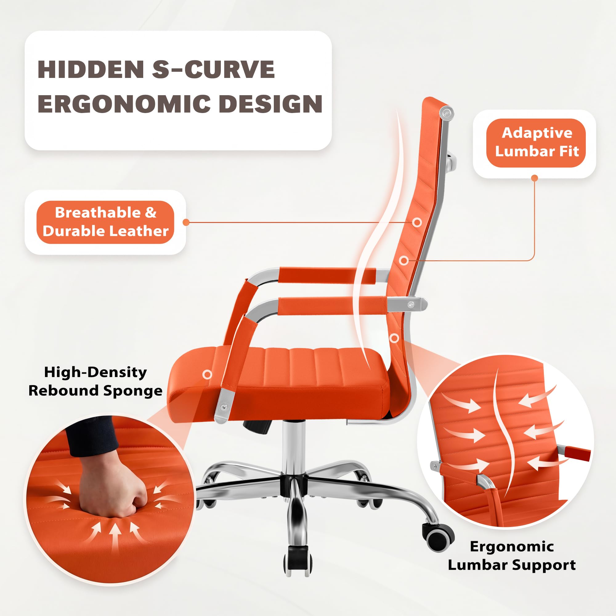 Furmax Ergonomic Office Desk Chair, Executive Ribbed Mid-back Pu Leather Conference Room Chair Adjustable Swivel Chair with Arms (4, Orange)