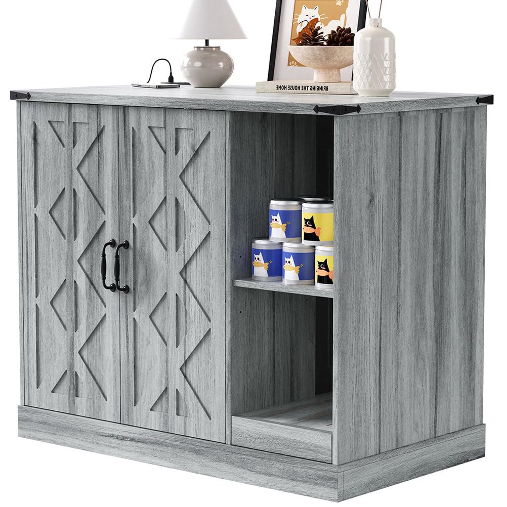 Extra Large Cat Litter Box Enclosure with Litter Collector, Hidden Litter Box Furniture Cabinet with Power Outlet & Storage Shelves, Cat House for Automatic Litter Boxes, Gray