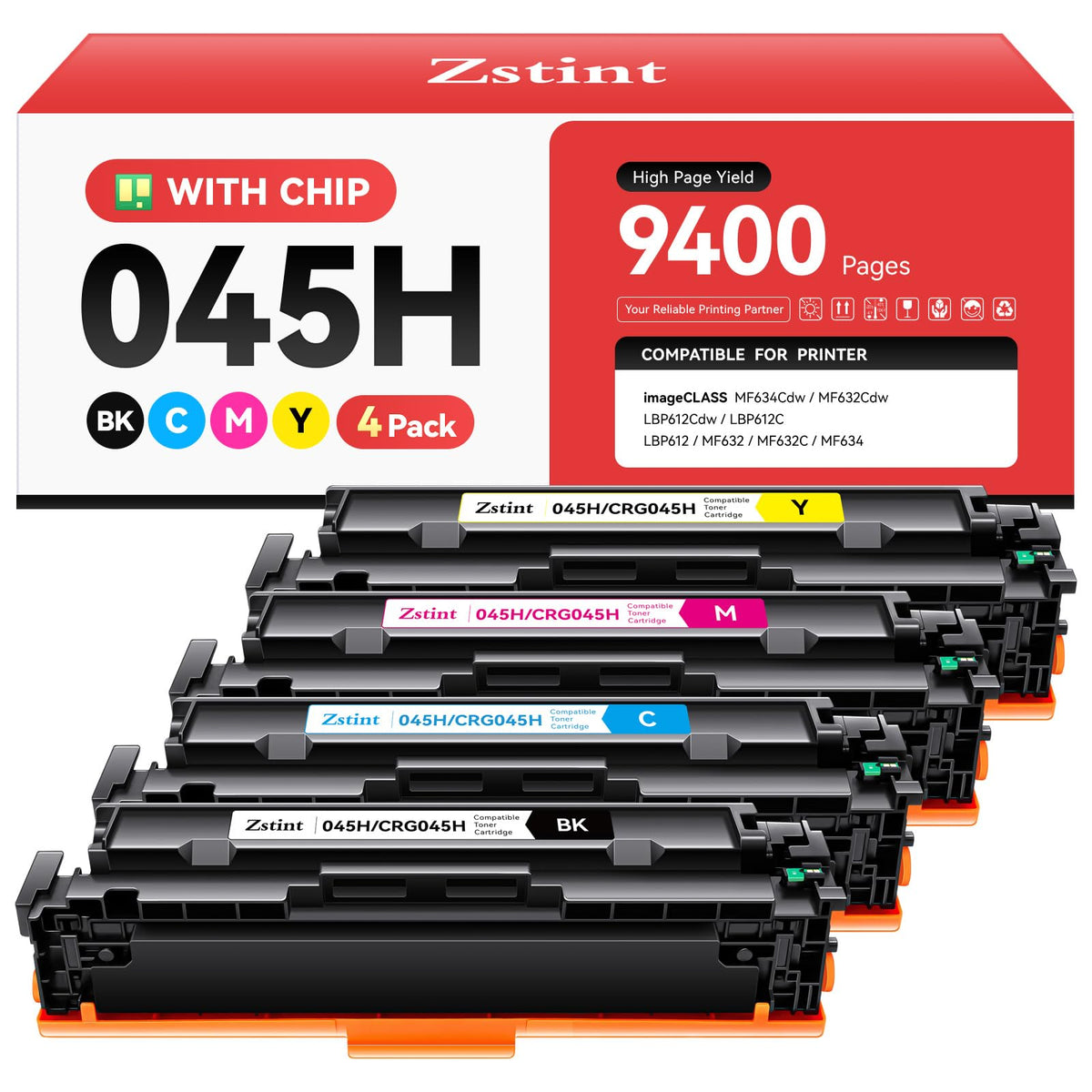 045H Toner Cartridge 4-Pack High Yield with Chip Replacement for Canon 045H CRG-045H Toner Cartridges Compatible with Canon imageCLASS MF634Cdw MF632Cdw LBP612Cdw LBP612C MF632 MF632C MF634 Printer