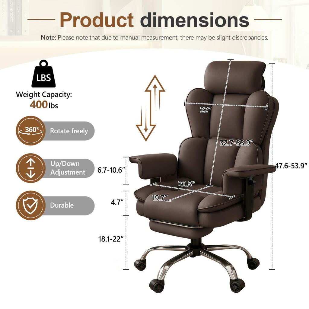 Xuegw Big and Tall Office Chair, Heavy Duty Executive Office Desk Chair Adjustable Armrests and Footrest, Pu Leather Computer Chair for Work