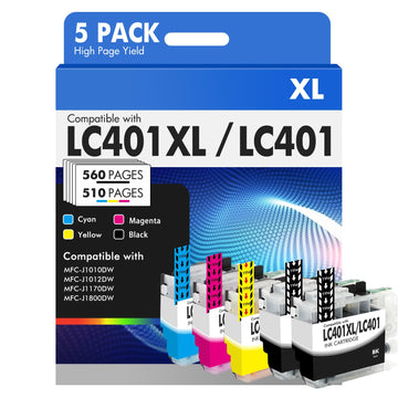 LC401 LC401XL Ink Cartridges for Brother MFC-J1010DW MFC-J1170DW 5 Pack | Compatible for Brother LC401 401XL MFC-J1010DW MFC-J1170DW MFC-J1012DW MFC-J1800DW J1010DW - 5PK 2Black Cyan Magenta Yellow