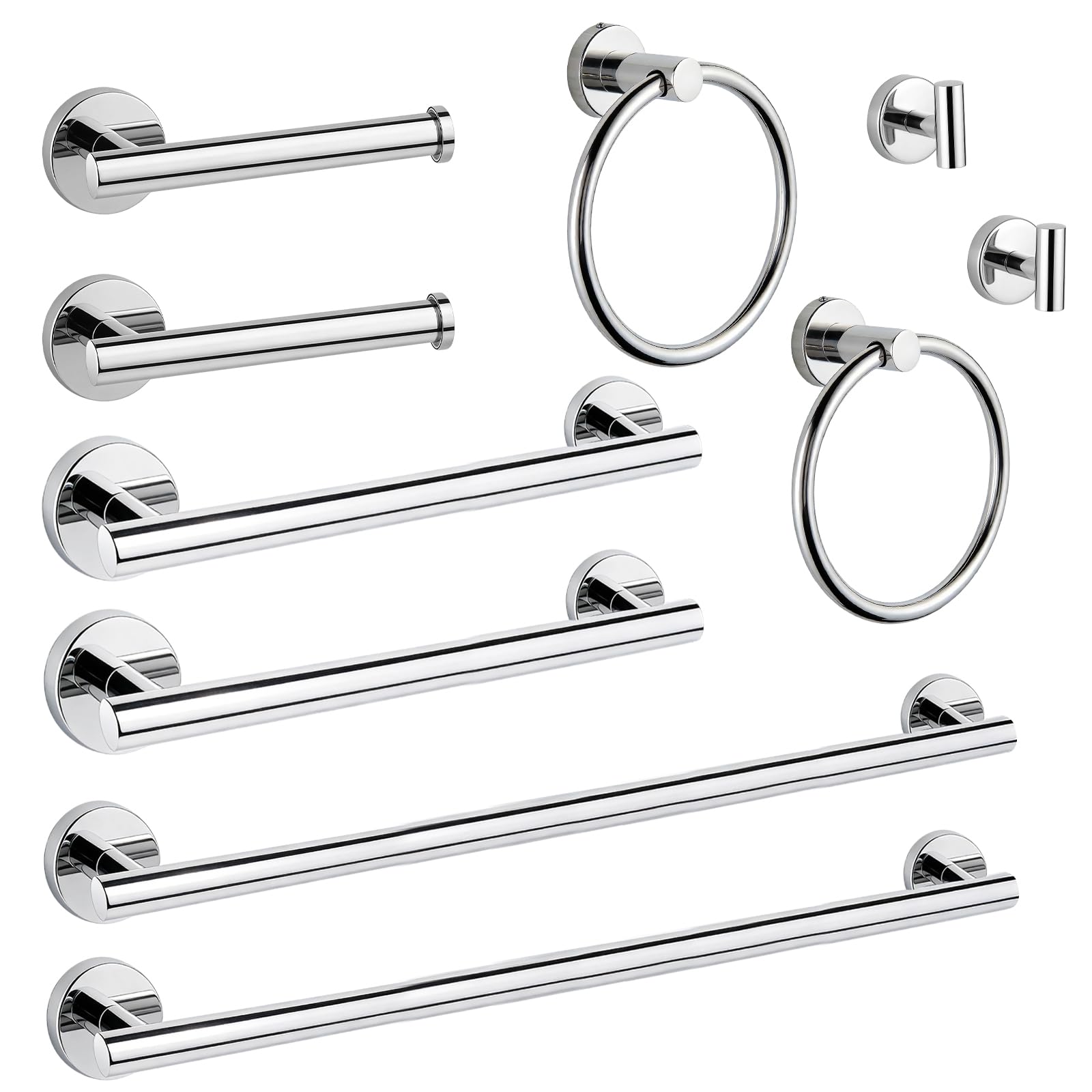 10 Piece Brushed Chrome Bathroom Hardware Set, Towel bar Set Include 24 inch Silver Towel bar, Bathroom Towel Rack, Towel Ring, Toilet Paper Holder, Towel Hook, Bathroom Accessories Set