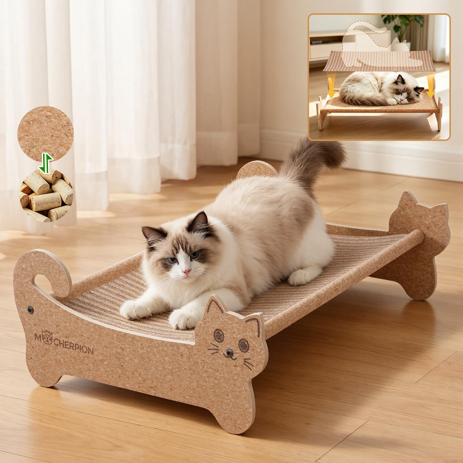 Natural Cork Cat Bed-Cat Scratching & Cat Hammock 2-in-1-Cat Scratchers for Indoor Cats-Scratching Post Cat Toys-Cat Furniture-Cat Scratch Board-Cat Scratch Pads-Eco-Friendly-Cat Gifts