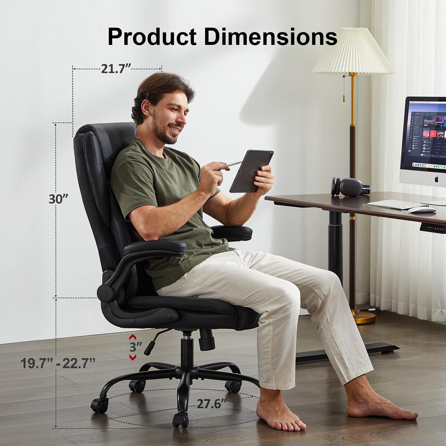 Amseatec Office Chair, Big and Tall 400 Lbs Ergonomic Home Computer Desk Leather Chair with Padded Flip Arms, Adjustable Tilt Lock, Double