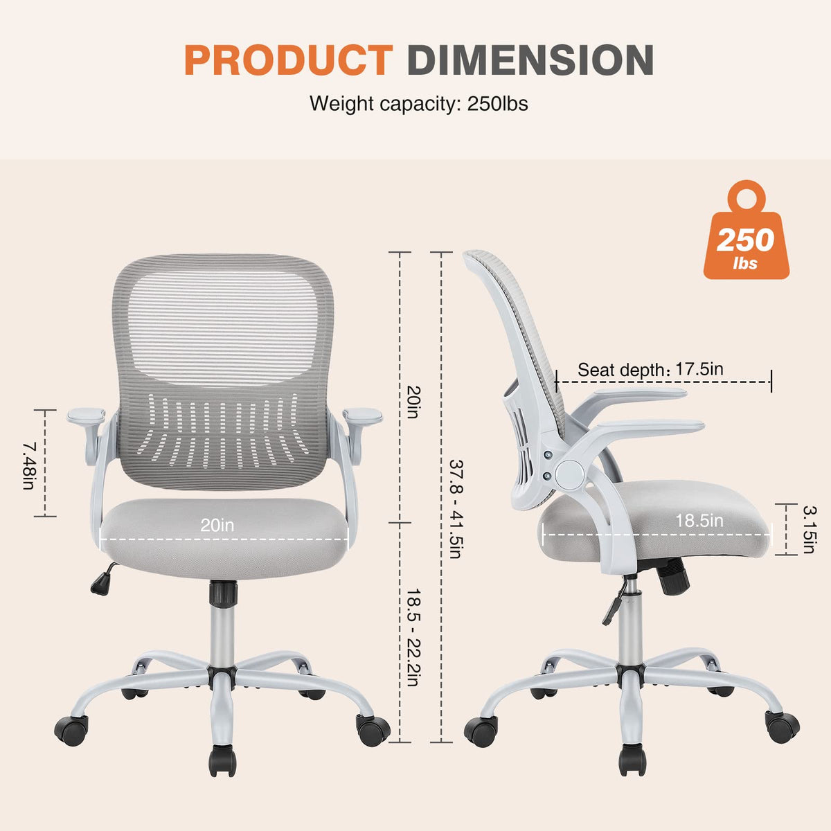 Sweetcrispy Home Office Chair, Mesh Office Chair, Lumbar Support, Grey, 18.5"D&Flip-up Arms-Plus